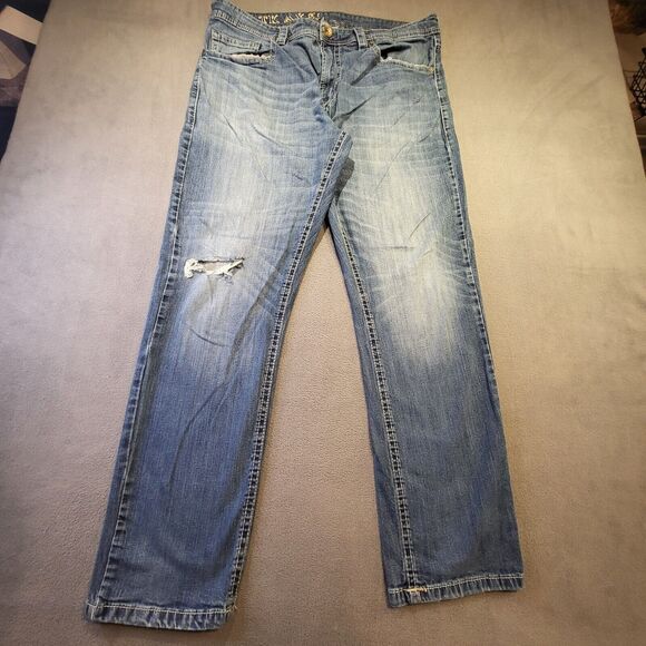 TK Axel Jeans Mens 36x30 Relaxed Straight Leg Blue Denim Medium Wash Distressed - Picture 1 of 9